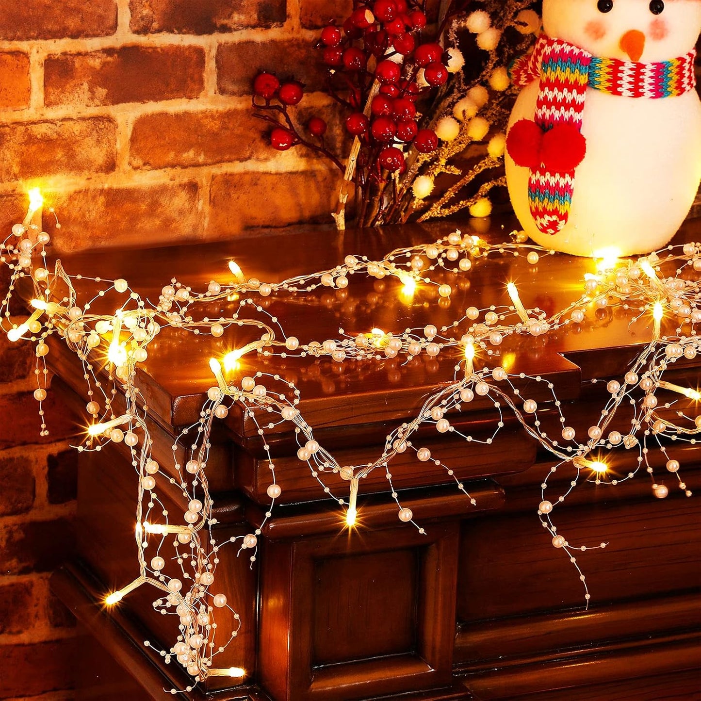 10 Feet 30 LED Christmas Light Metal Berry Beaded Garland Indoor Christmas String Lights for Fireplace Mantel Indoor Christmas Light Decorations (White)