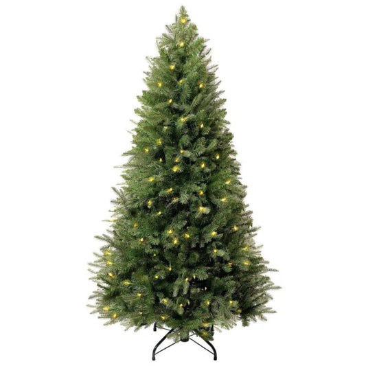 Traditional Prelit Artificial Christmas Tree with Warm Lights and Metal Stand, Wide Realistic Tree