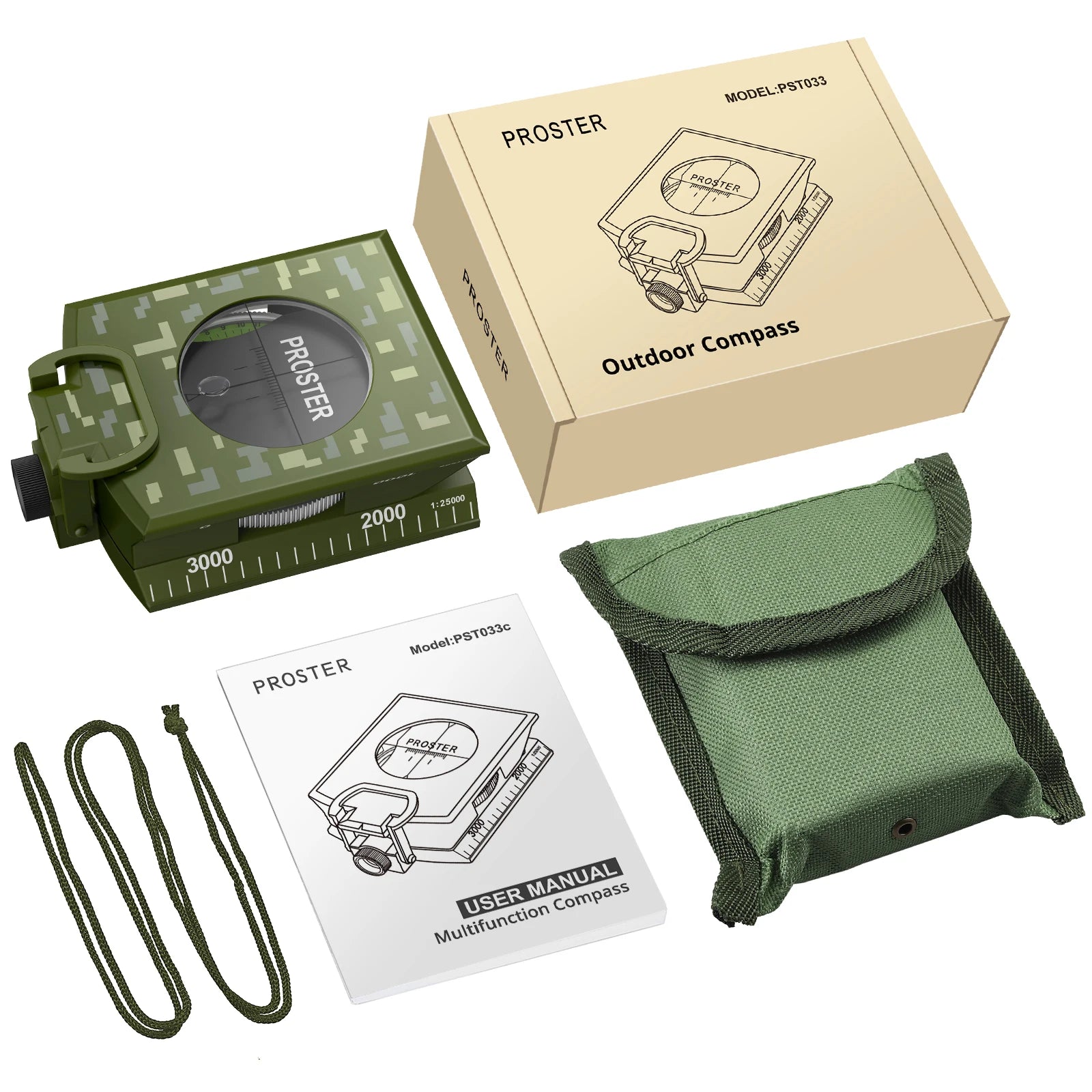 Proster Professional Outdoor Camping Compass IP65 Waterproof Camouflage Sighting Clinometer Compass Hunting Hiking Guiding Tools