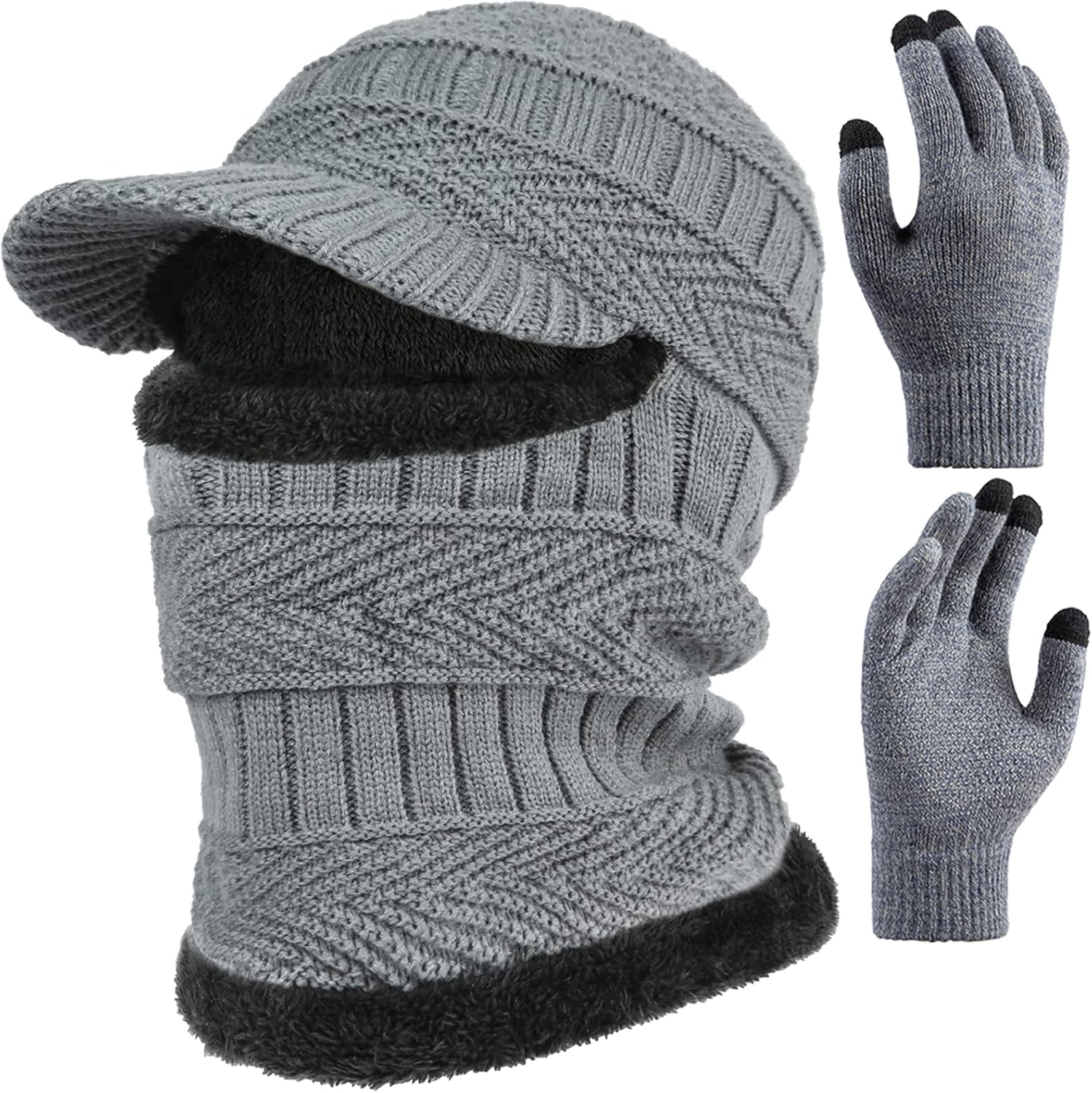 2Pcs Winter Knit Beanie Balaclava Hat Anti-Slip Touch Screen Mittens Set Thermal Ski Mask Cap Unisex for Womens Mens