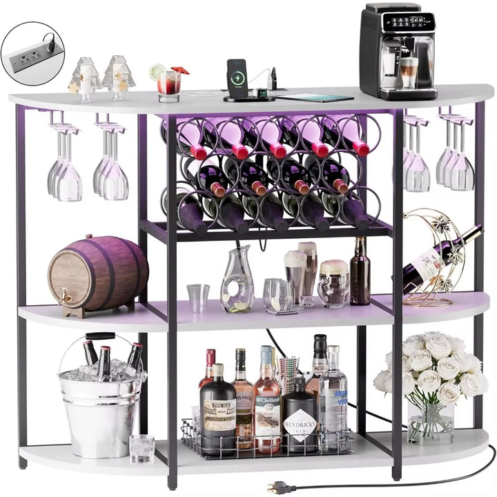 Wine Bar Cabinet with LED Lights and Power Outlets, Freestanding Coffee Liquor Bar Cabinet with Glass Holder