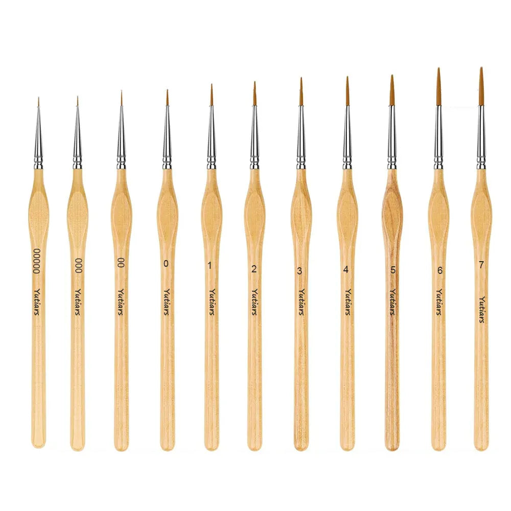 11Pcs Premium Miniature Detail Paint Brush Set with Natural Wood Triangle Rod for Watercolor Oil Craft Models Line Drawing Great