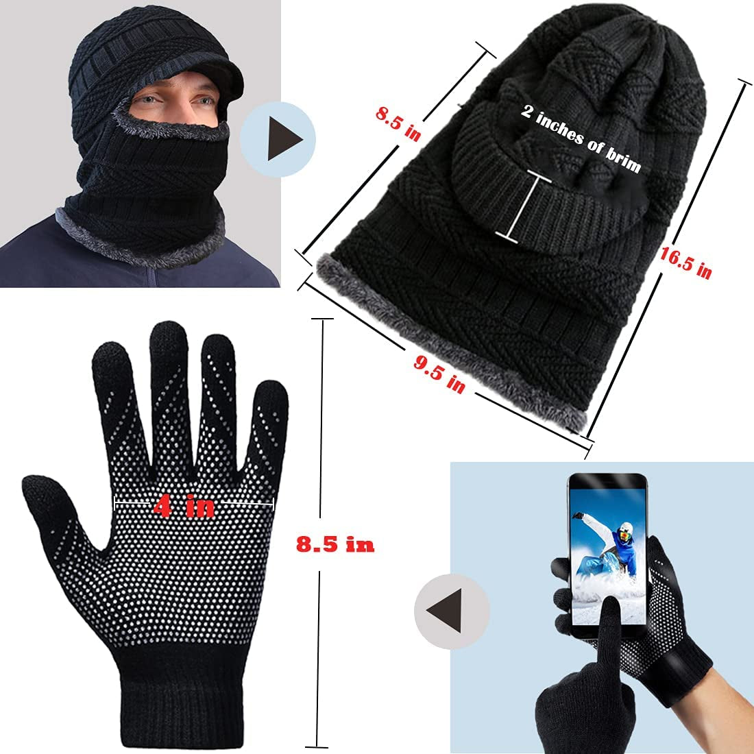 2Pcs Winter Knit Beanie Balaclava Hat Anti-Slip Touch Screen Mittens Set Thermal Ski Mask Cap Unisex for Womens Mens