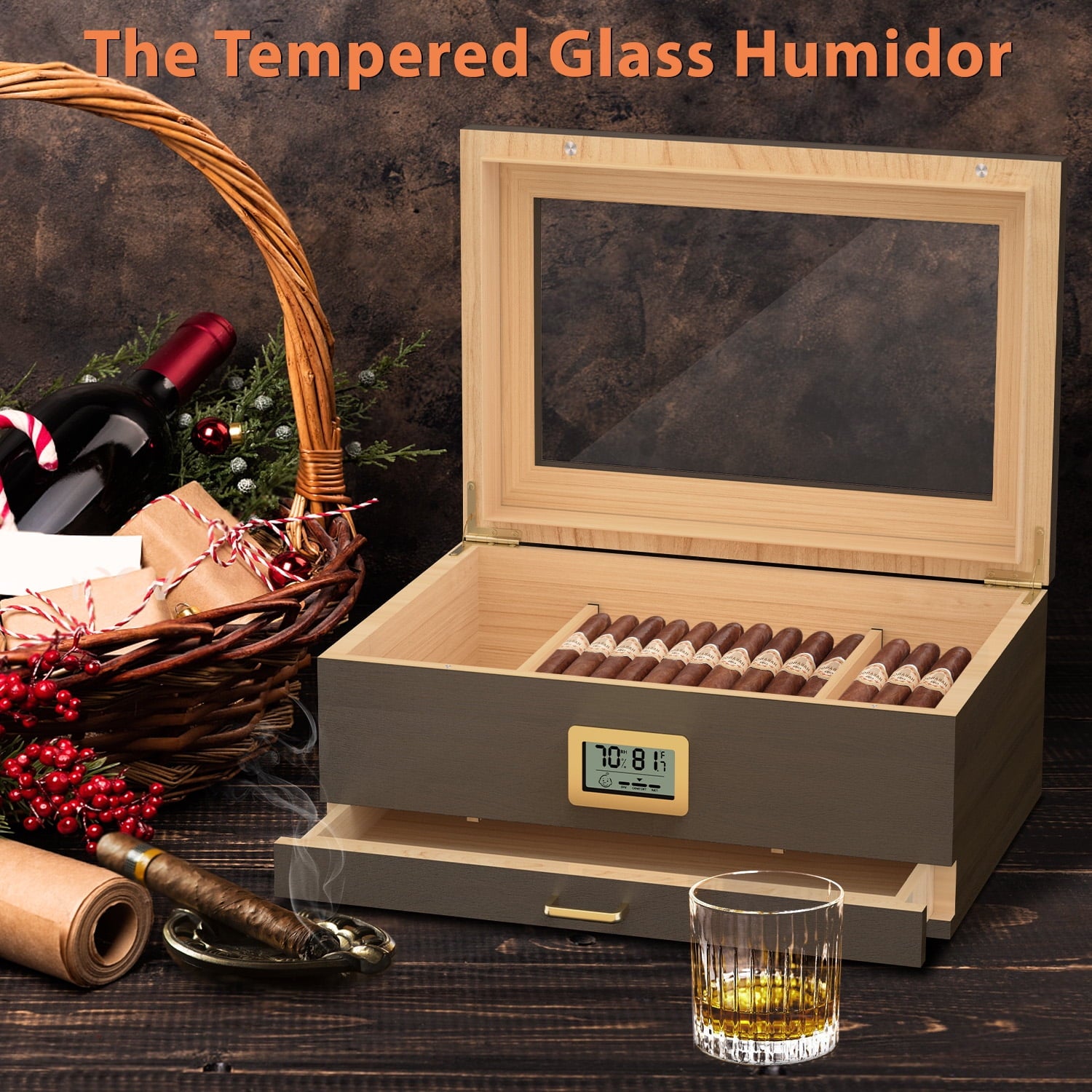 LP Cigar Humidor, Glass Top Desktop Humidor, Storage Box for 20-50 Cigars with Digital Hygrometer, Humidifier, Divider, Drawer & Dropper