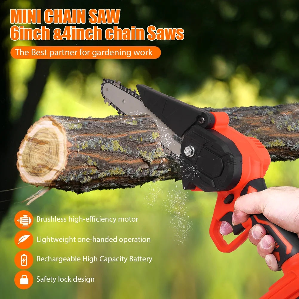 6" Mini Handheld Electric Chainsaw Cordless Chain Saw 21V 550W Battery Powered with 2Pcs 4" Chain 2Pcs 6" Chain 2Pcs Battery