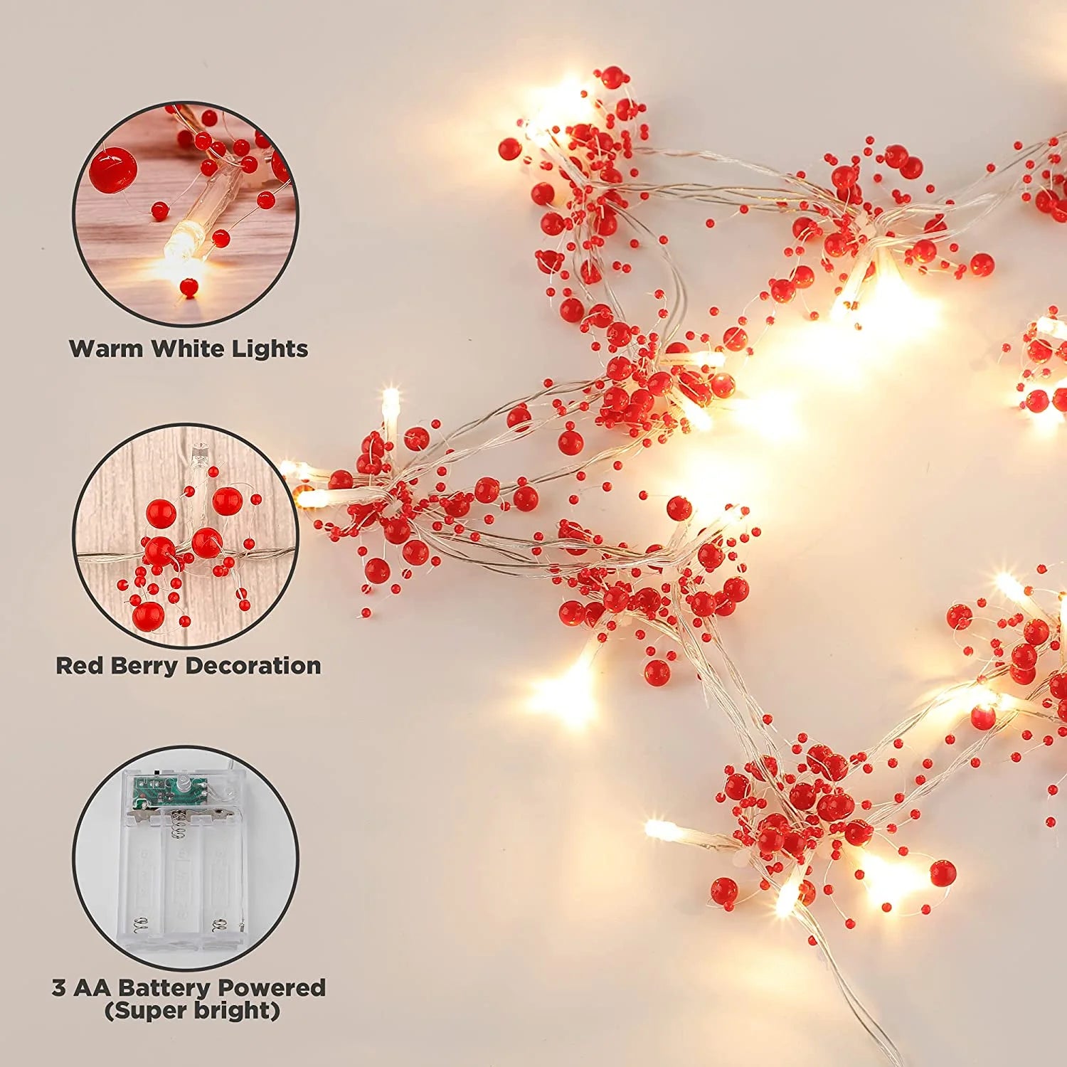 6.6FT 20 LED Christmas String Lights Battery Operated for Christmas Decoration, 2 Light Modes Christmas Lighted Red Berry Garland, 2PACK