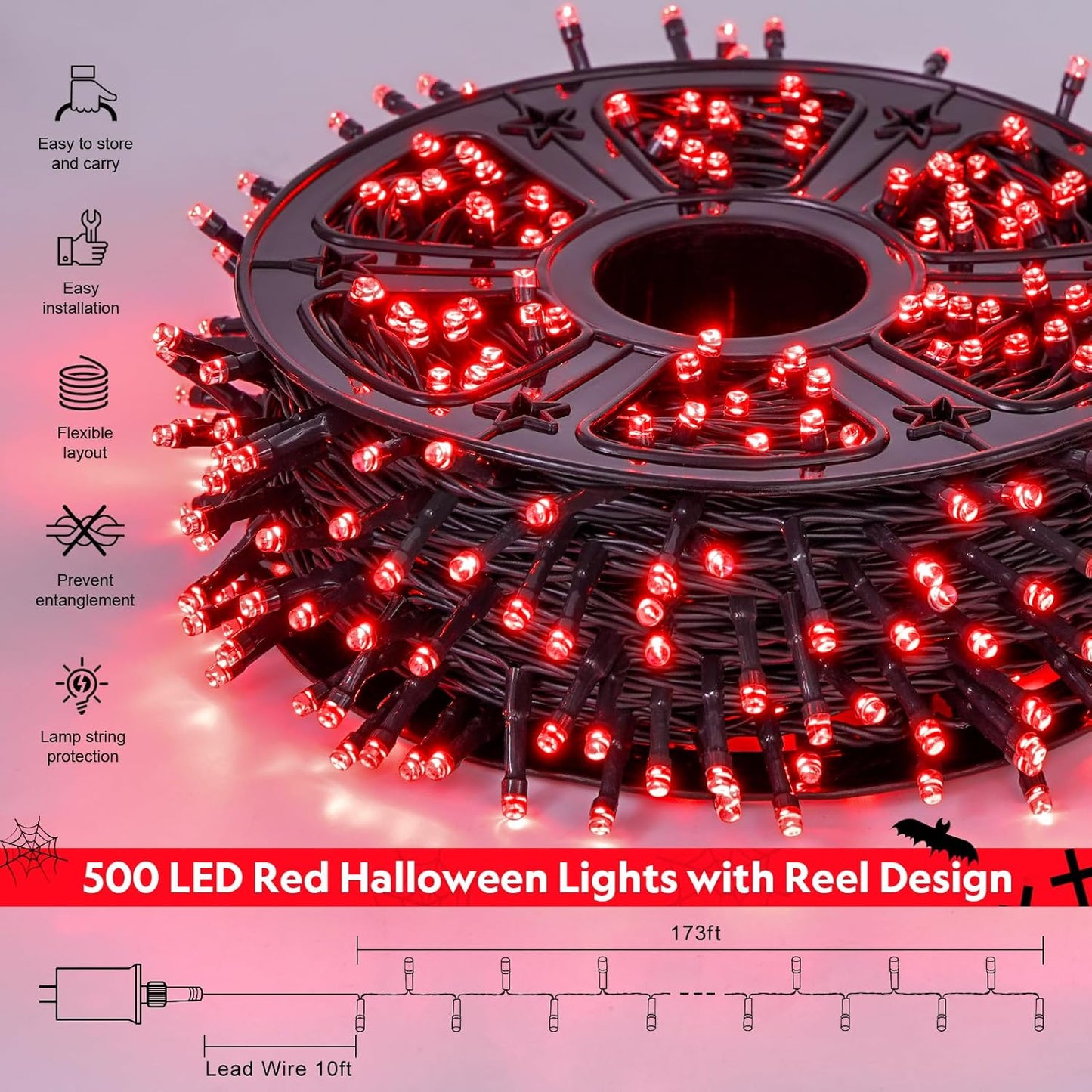 500 LED Red Halloween Lights Outdoor, 173Ft Halloween String Lights Plug In, Waterproof 8 Modes Red Christmas Lights for Tree Party Xmas Halloween Decorations