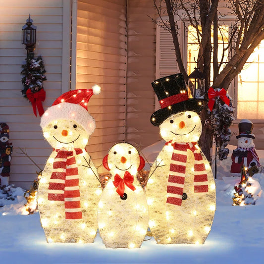 Snowman Family Trio Indoor and Outdoor Holiday Decoration with Lights