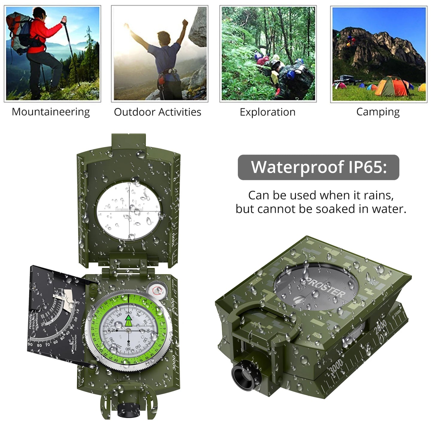 Proster Professional Outdoor Camping Compass IP65 Waterproof Camouflage Sighting Clinometer Compass Hunting Hiking Guiding Tools