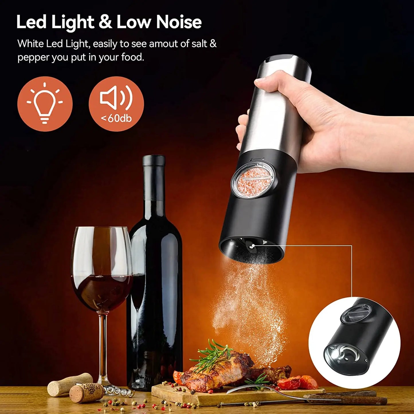 USB Rechargeable Electric Salt Pepper Grinder with Adjustable Roughness Freshly Ground Pepper Pepper Powder Grinder Kitchen Tool