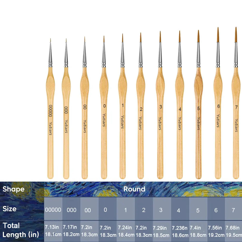 11Pcs Premium Miniature Detail Paint Brush Set with Natural Wood Triangle Rod for Watercolor Oil Craft Models Line Drawing Great