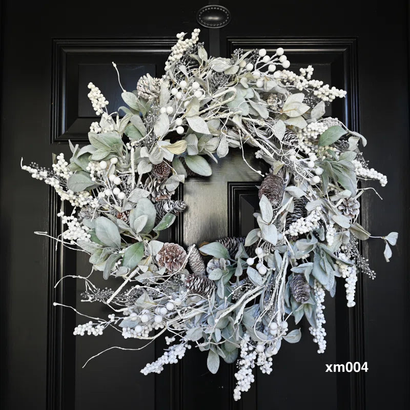 24" Farmhouse Winter Lambs Ear Pinecones Christmas Wreath for Front Door