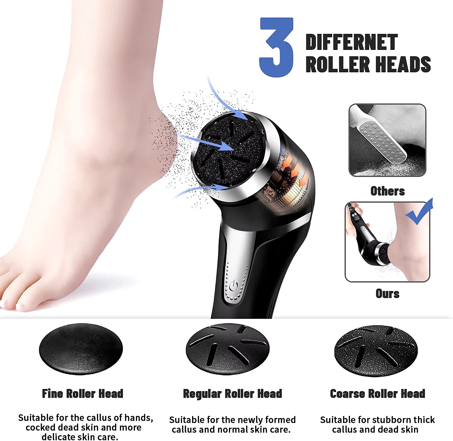 Rechargeable Electric Foot Rasp Electric Pedicure Foot Sander IPX7 Waterproof 3 Grinding Heads to Eliminate Feet Dead Skin