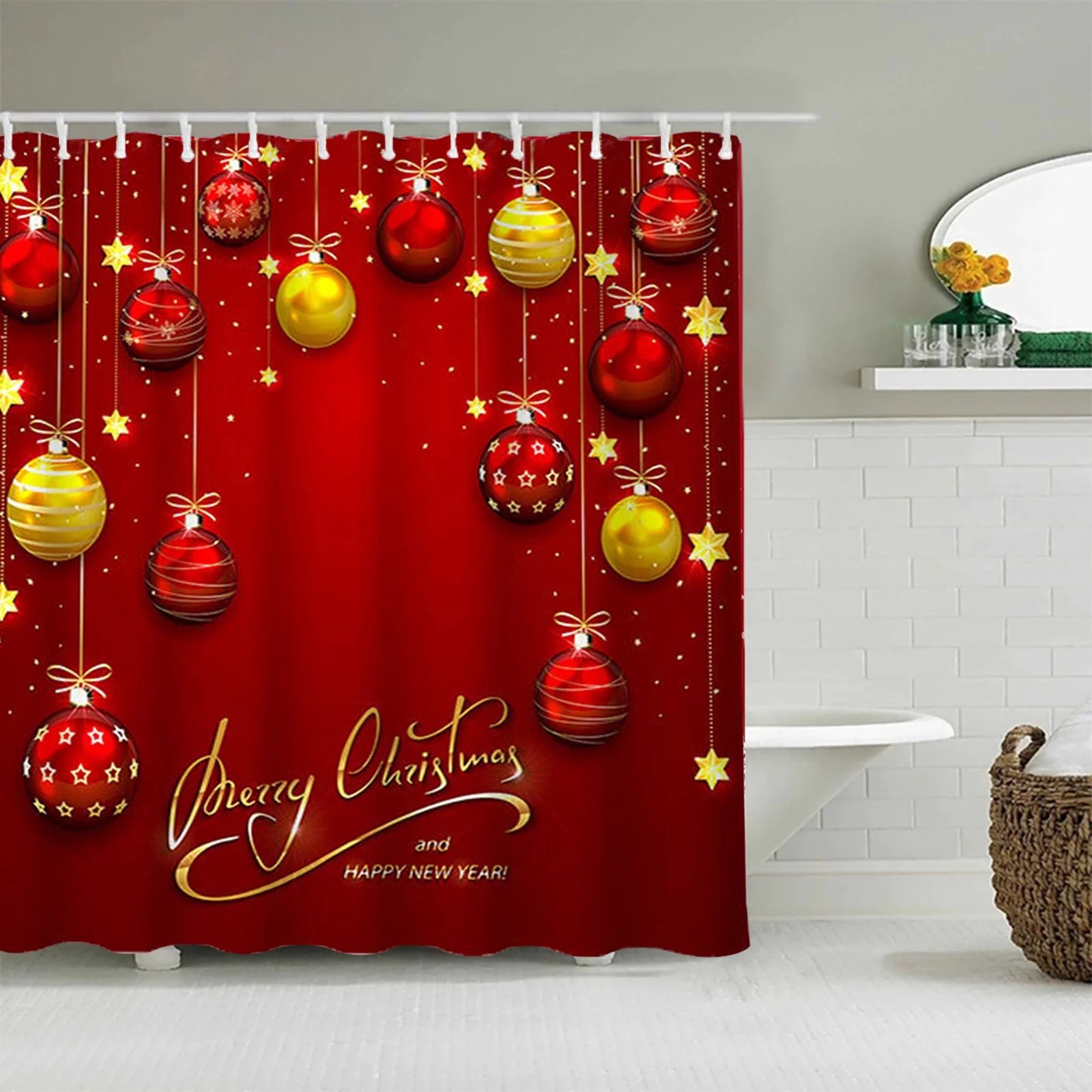 Shower Curtain  Lightweight 71 X 71 Inch Winter Christmas Balls Print Shower Curtains with 12 Hooks Waterproof Red Xmas Balls Bath Curtain for Bathroom, Christmas Decorations on Clearance