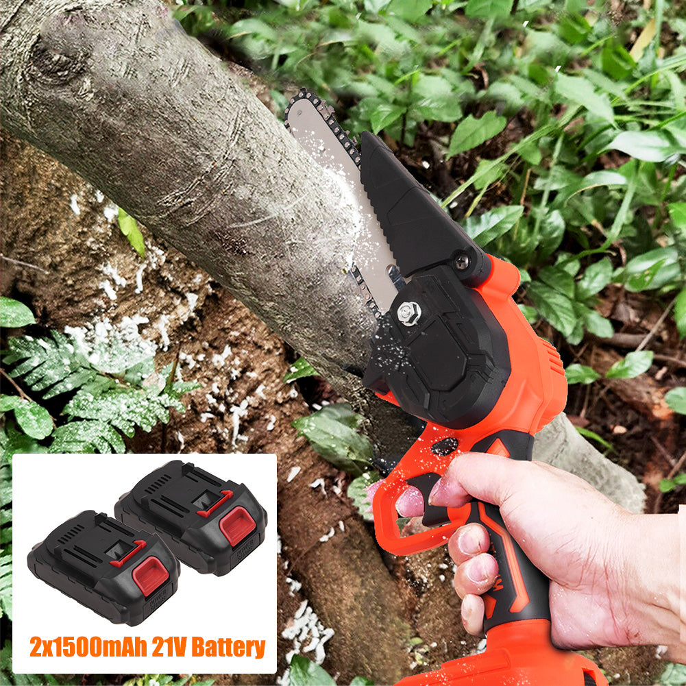 6" Mini Handheld Electric Chainsaw Cordless Chain Saw 21V 550W Battery Powered with 2Pcs 4" Chain 2Pcs 6" Chain 2Pcs Battery