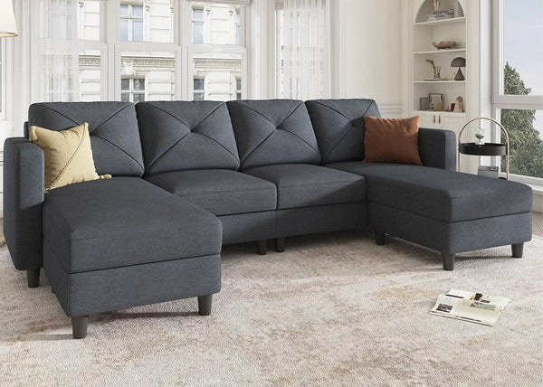 NEW Convertible Sectional Sofa U Shaped Couch 4 Seat Sofa with Double Chaises for Living Room, Bluish Grey