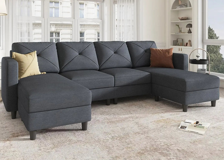 NEW Convertible Sectional Sofa U Shaped Couch 4 Seat Sofa with Double Chaises for Living Room, Bluish Grey