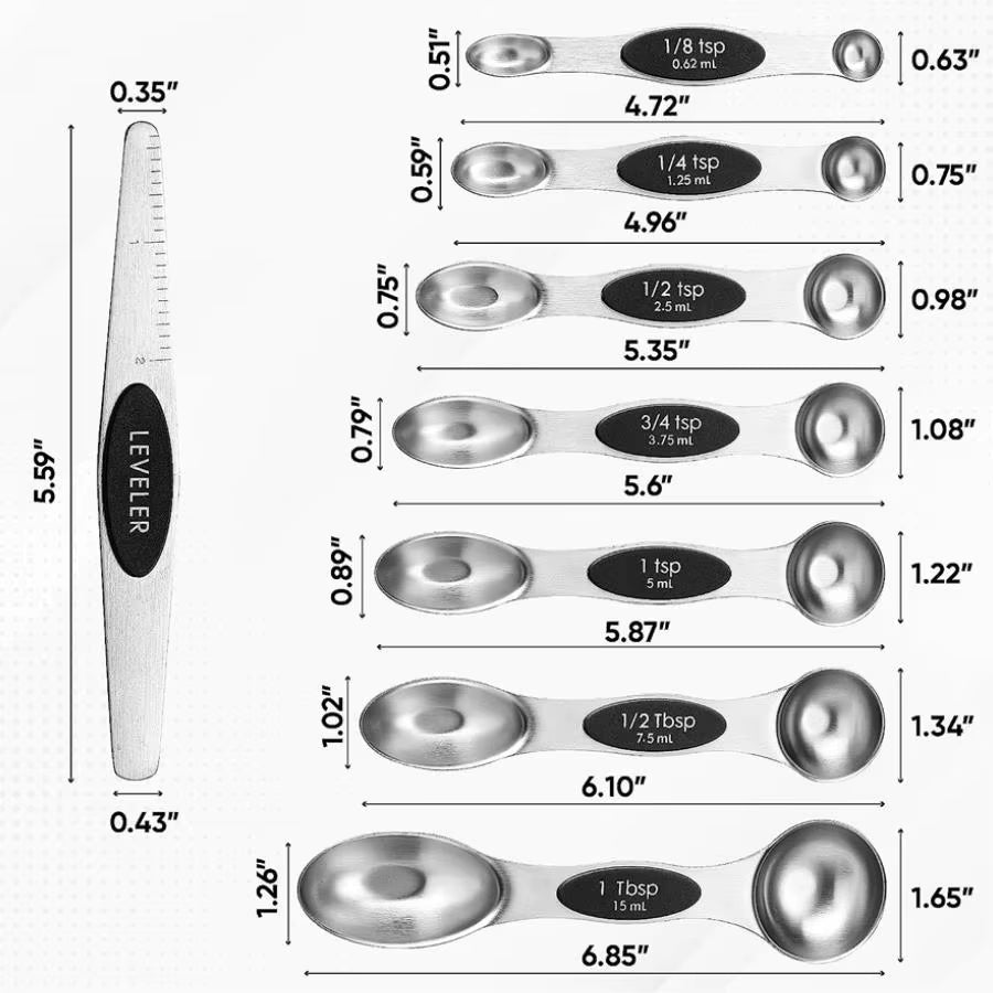 Magnetic Measuring Spoon Set, Double-Sided, Stainless Steel, Suitable for Seasoning Cans, 8-Piece Set