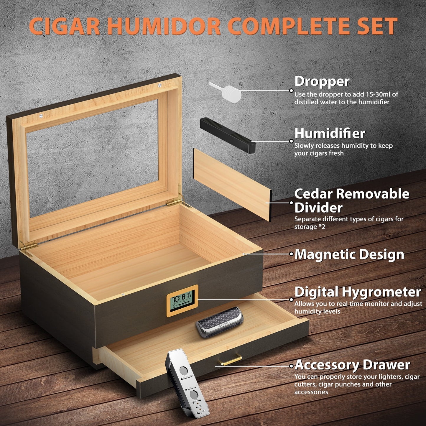 LP Cigar Humidor, Glass Top Desktop Humidor, Storage Box for 20-50 Cigars with Digital Hygrometer, Humidifier, Divider, Drawer & Dropper