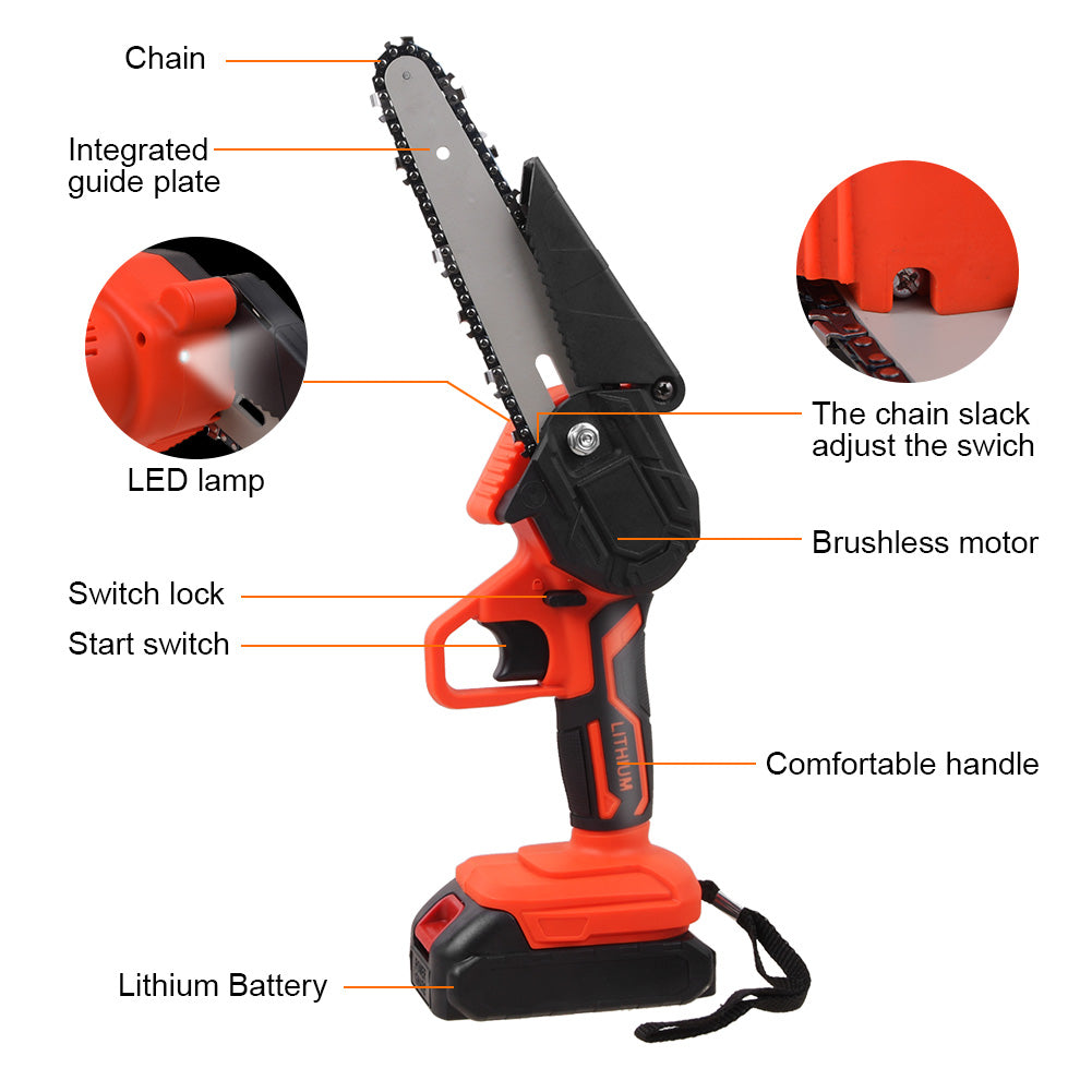 6" Mini Handheld Electric Chainsaw Cordless Chain Saw 21V 550W Battery Powered with 2Pcs 4" Chain 2Pcs 6" Chain 2Pcs Battery