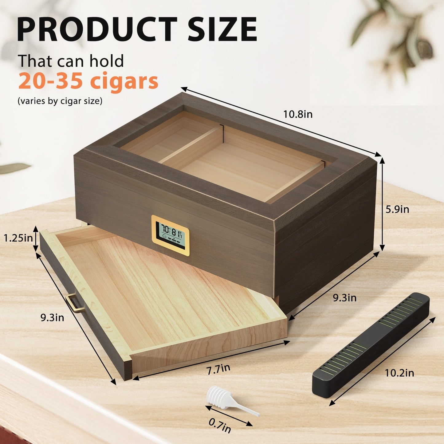 LP Cigar Humidor, Glass Top Desktop Humidor, Storage Box for 20-50 Cigars with Digital Hygrometer, Humidifier, Divider, Drawer & Dropper