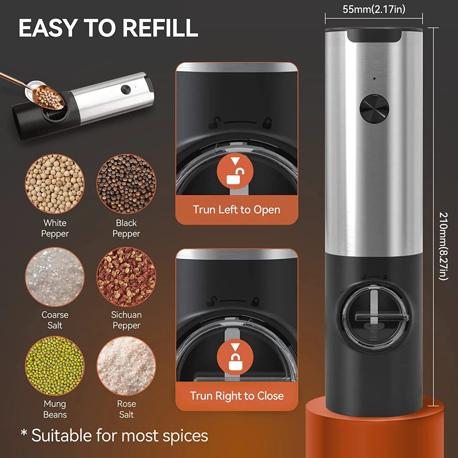 USB Rechargeable Electric Salt Pepper Grinder with Adjustable Roughness Freshly Ground Pepper Pepper Powder Grinder Kitchen Tool