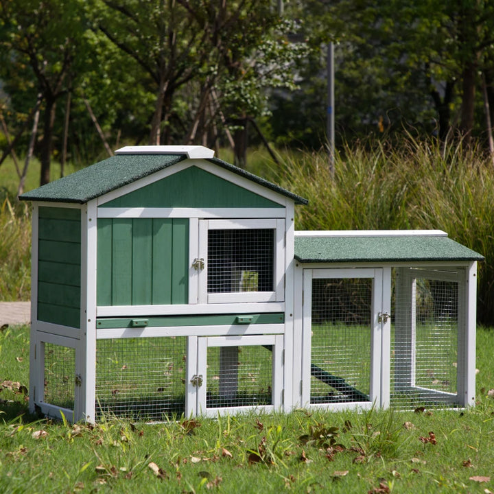 Large Wooden Rabbit Poultry Hutch Indoor and Outdoor Bunny Cage with a Removable Tray and a Waterproof Roof, Grey Green+White