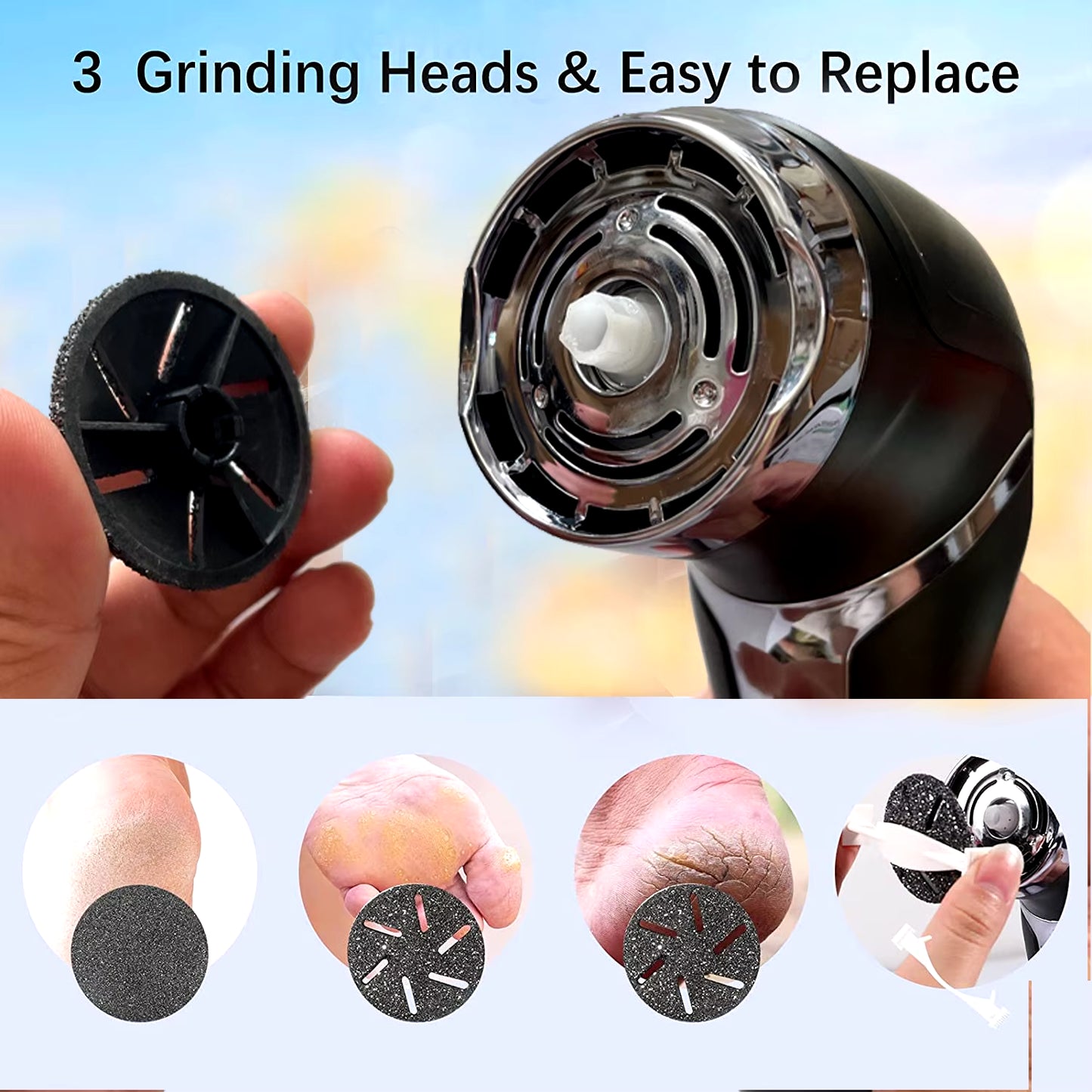 Rechargeable Electric Foot Rasp Electric Pedicure Foot Sander IPX7 Waterproof 3 Grinding Heads to Eliminate Feet Dead Skin