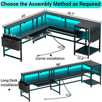 L Shaped Gaming Desk, Reversible Computer Desk, Gaming Desk with Power Outlets & LED Strip, Monitor Shelf, Keyboard Tray