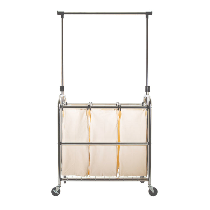 3-Bag Laundry Sorter with Adjustable Clothes Bar