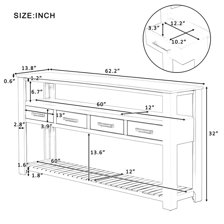 62.2'' Modern Console Table Sofa Table for Living Room with 4 Drawers and 2 Shelves