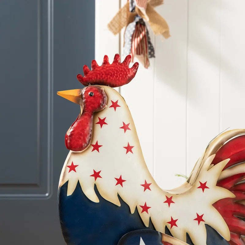 Metal Patriotic Rooster Porch Sign Figurine