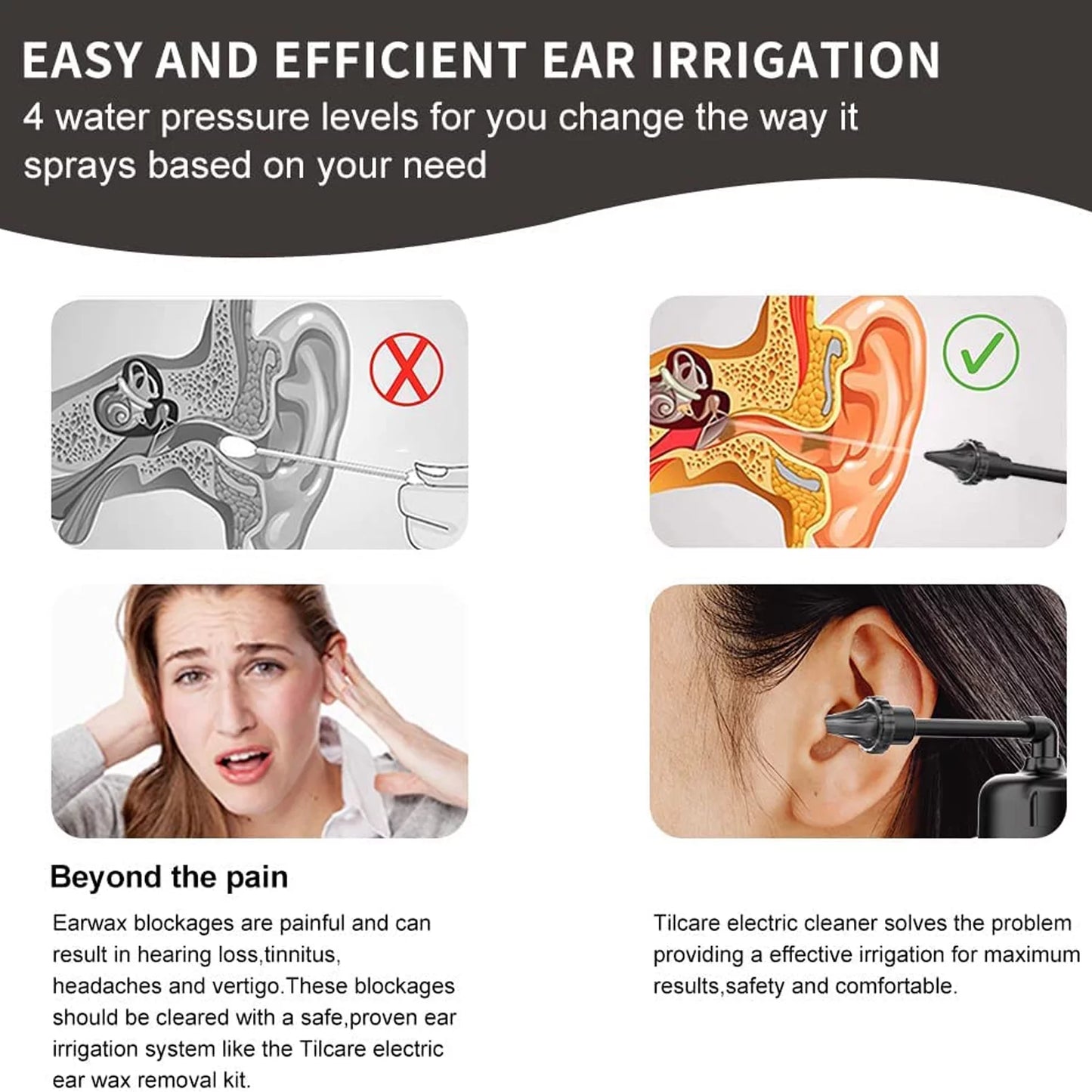 Water Powered Ear Cleaner, Safe & Effective Electric Triple Jet Stream with 3 Pressure Settings for Ear Wax Buildup, Water Resistant, USB Rechargeable Black