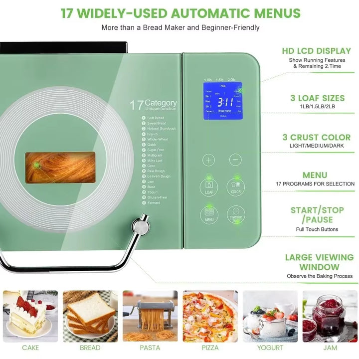 2.2LB Large Bread Maker - Dual Heaters, 17 in 1 Gluten Free Bread Maker, Pizza Dough, Jam, Automatic Nut Dispenser