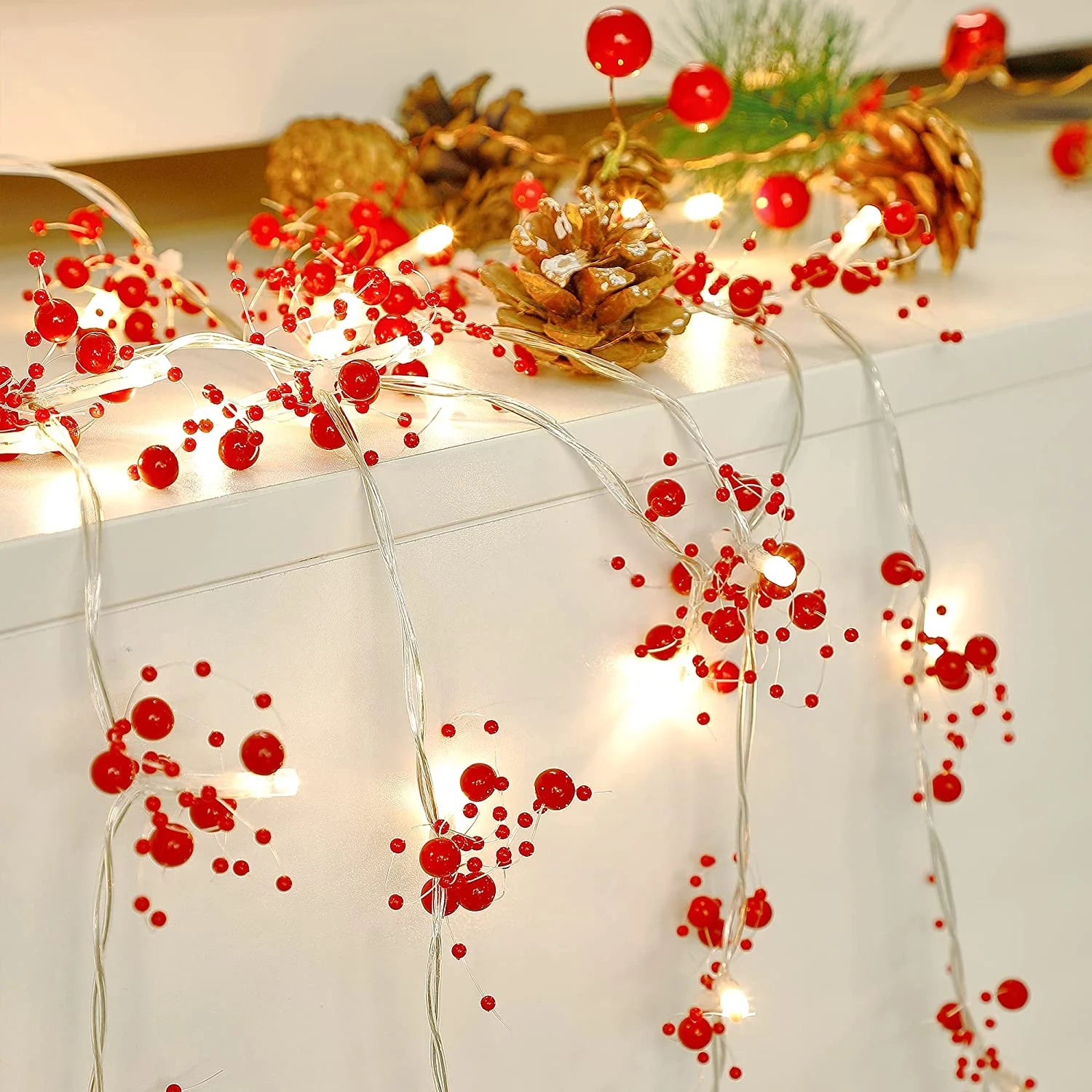 6.6FT 20 LED Christmas String Lights Battery Operated for Christmas Decoration, 2 Light Modes Christmas Lighted Red Berry Garland, 2PACK