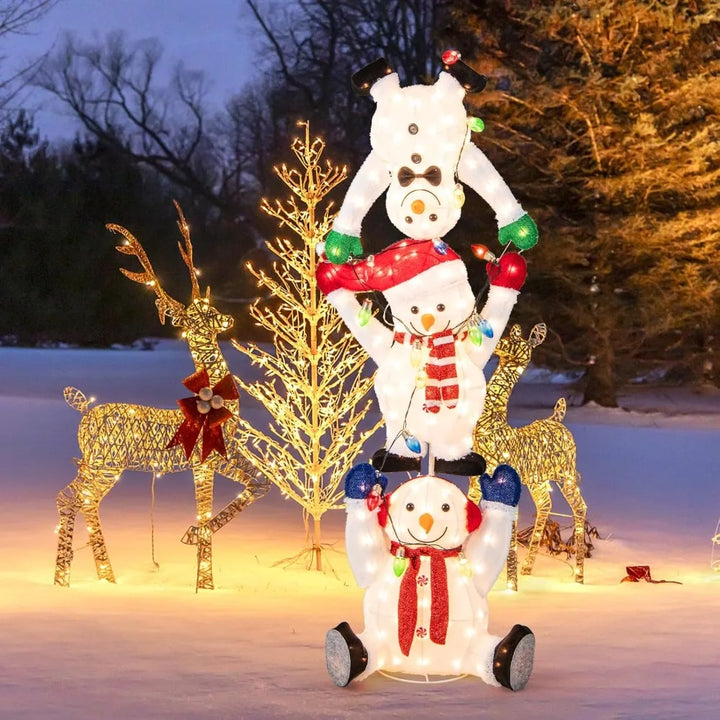 5.6 FT Lighted Christmas Stacked Snowmen Decoration, Pre-Lit Snowmen Ornament with LED Lights, Light String, Outside Xmas Yard