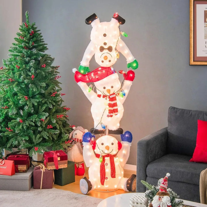 5.6 FT Lighted Christmas Stacked Snowmen Decoration, Pre-Lit Snowmen Ornament with LED Lights, Light String, Outside Xmas Yard