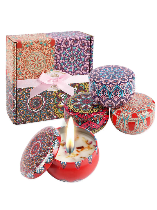 4pcs/set, Scented Candles Gift Box, Exquisite Pattern Soy Wax Candles, Aromatherapy Stress Relief For Home Room Decor