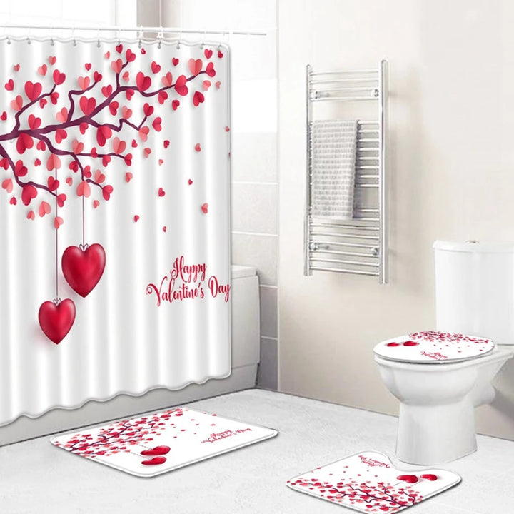 Bathroom Shower Curtain Flower Bath Curtain Sets Valentines Day Toilet Cover Mat Non-Slip Washroom Rug Set Home Decor Accessorie