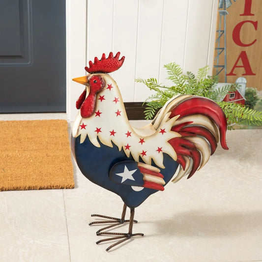 Metal Patriotic Rooster Porch Sign Figurine