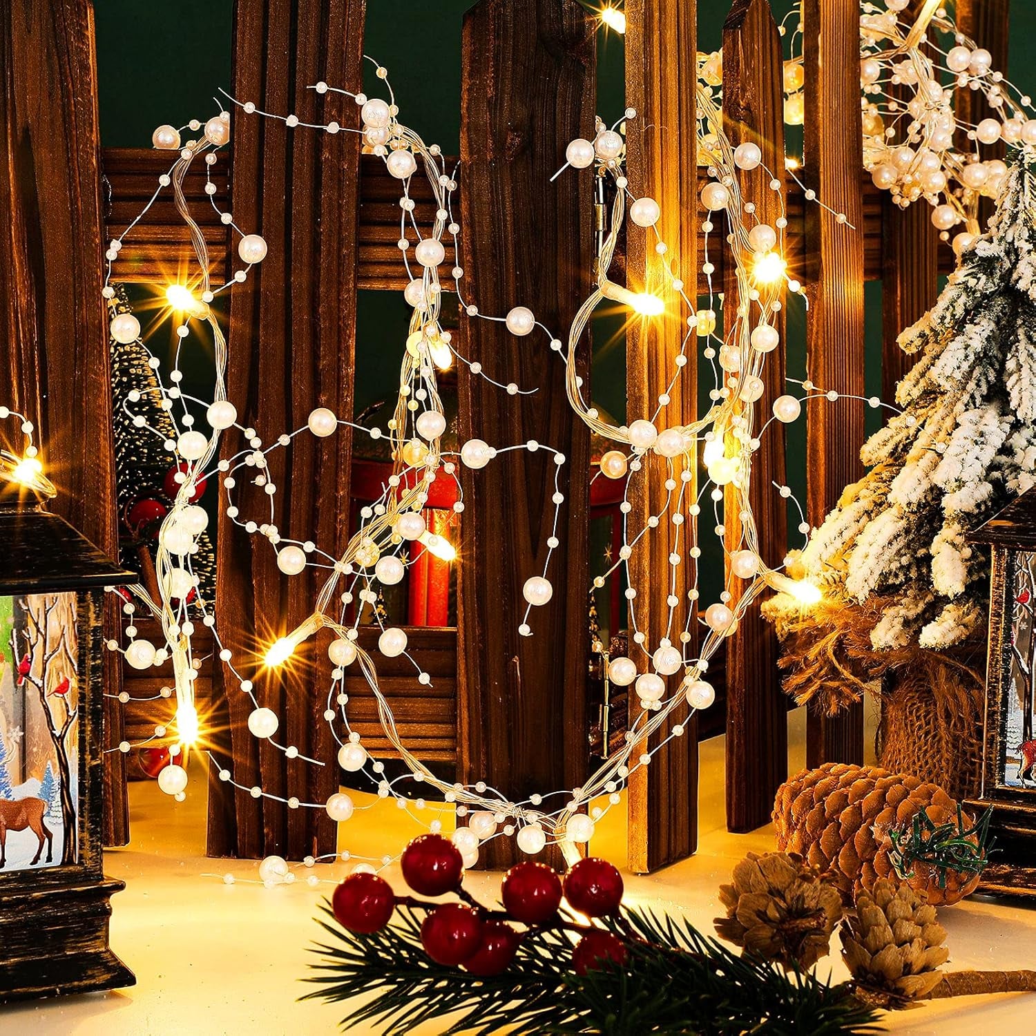 10 Feet 30 LED Christmas Light Metal Berry Beaded Garland Indoor Christmas String Lights for Fireplace Mantel Indoor Christmas Light Decorations (White)