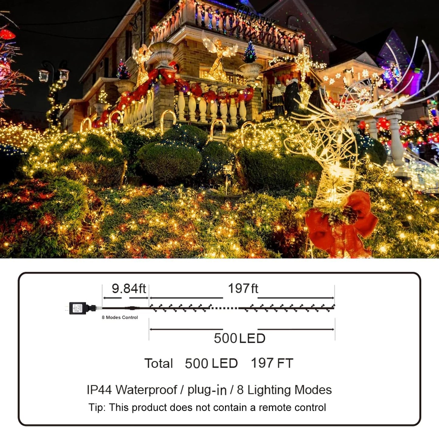 197FT 500 LED Christmas Lights Outdoor String Lights 8 Modes & Memory Fairy Light Plug in Waterproof LED String Lights for Xmas Yard Tree Wedding Party Holiday Decorations (Warm White)