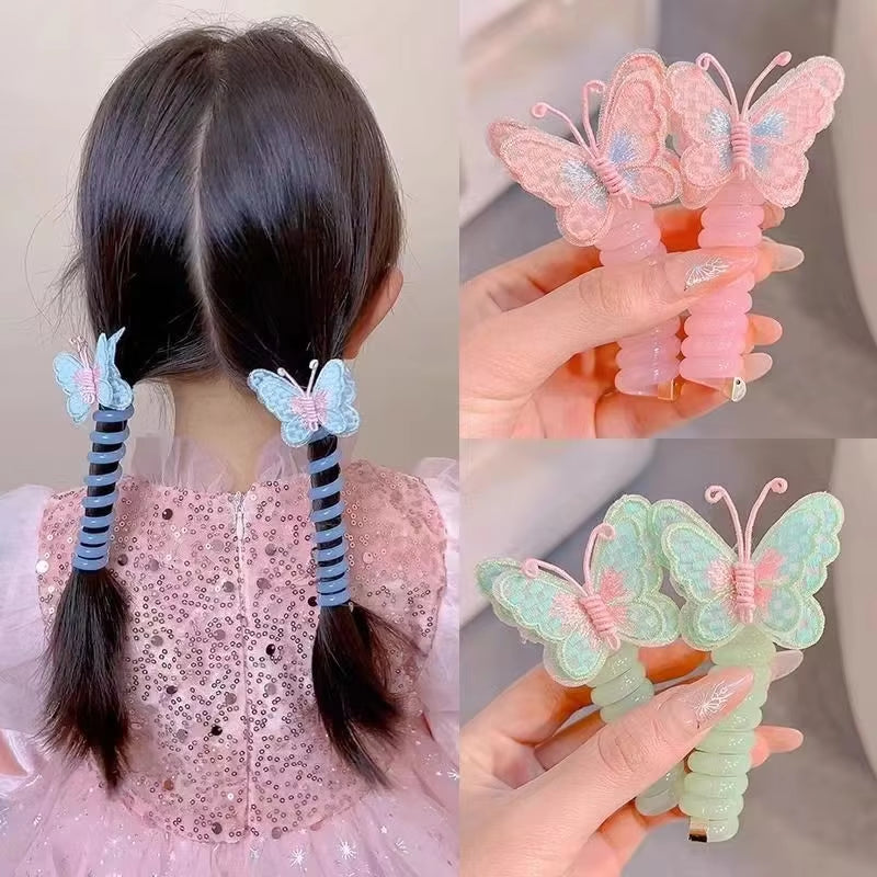 Children'S Braided Telephone Line, Hair Loop, Hair Rope, Colorful Butterfly, Ponytail Headband, Non Damaging Hair, High