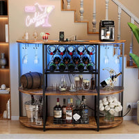 Wine Bar Cabinet with LED Lights and Power Outlets, Freestanding Coffee Liquor Bar Cabinet with Glass Holder