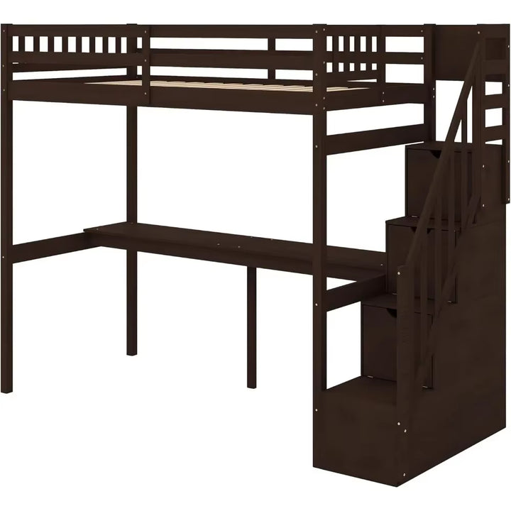 Twin Size Loft Bed with Stairs and Desk, Solid Wood Loft Bed with Staircase and Storage, Stairway High Loft Bed Frame