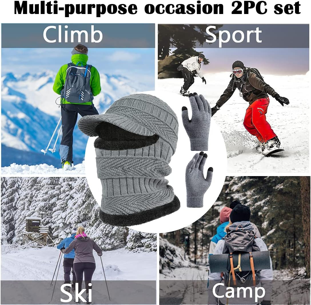 2Pcs Winter Knit Beanie Balaclava Hat Anti-Slip Touch Screen Mittens Set Thermal Ski Mask Cap Unisex for Womens Mens