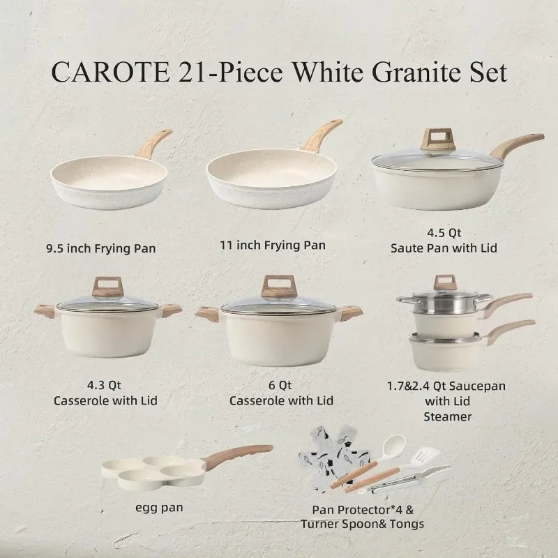 CAROTE 21Pcs Pots and Pans Set, Nonstick Cookware Sets, White Granite Induction Cookware Non Stick Cooking Set W/Frying Pans