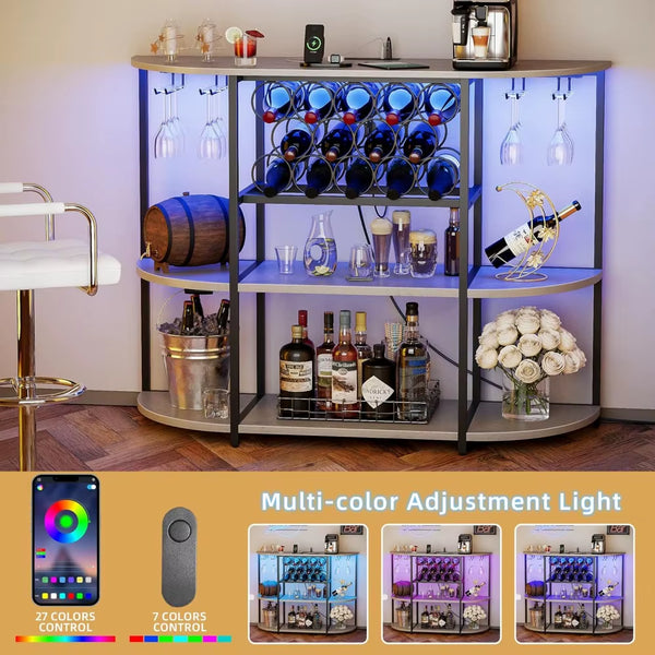 Wine Bar Cabinet with LED Lights and Power Outlets, Freestanding Coffee Liquor Bar Cabinet with Glass Holder