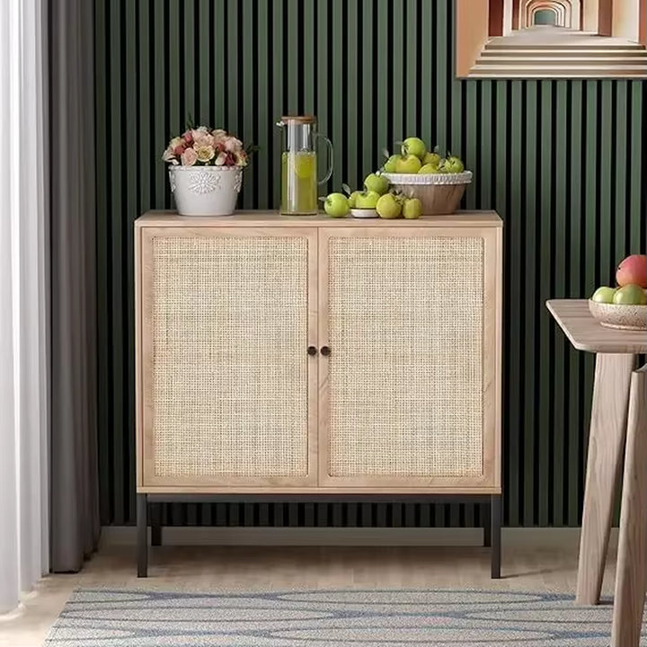 Sideboard Cabinet with Handmade Natural Rattan Doors, Boho Credenzas Accent Furniture Cupboard Console Buffet with Storage