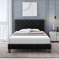 Bed Frame, Modern Upholstered Platform Bed with Adjustable Headboard, Heavy Duty Button Tufted Bed Frame with Wood Slat Support